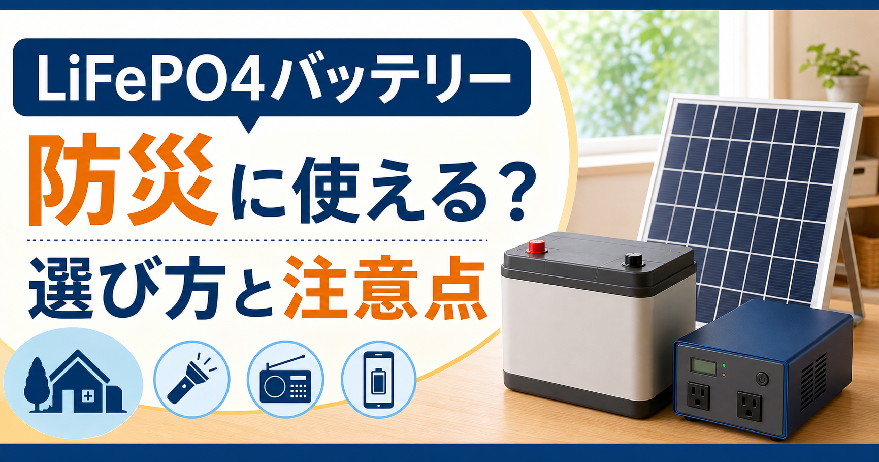 LiFePO4バッテリーとインバーター、ソーラーパネル