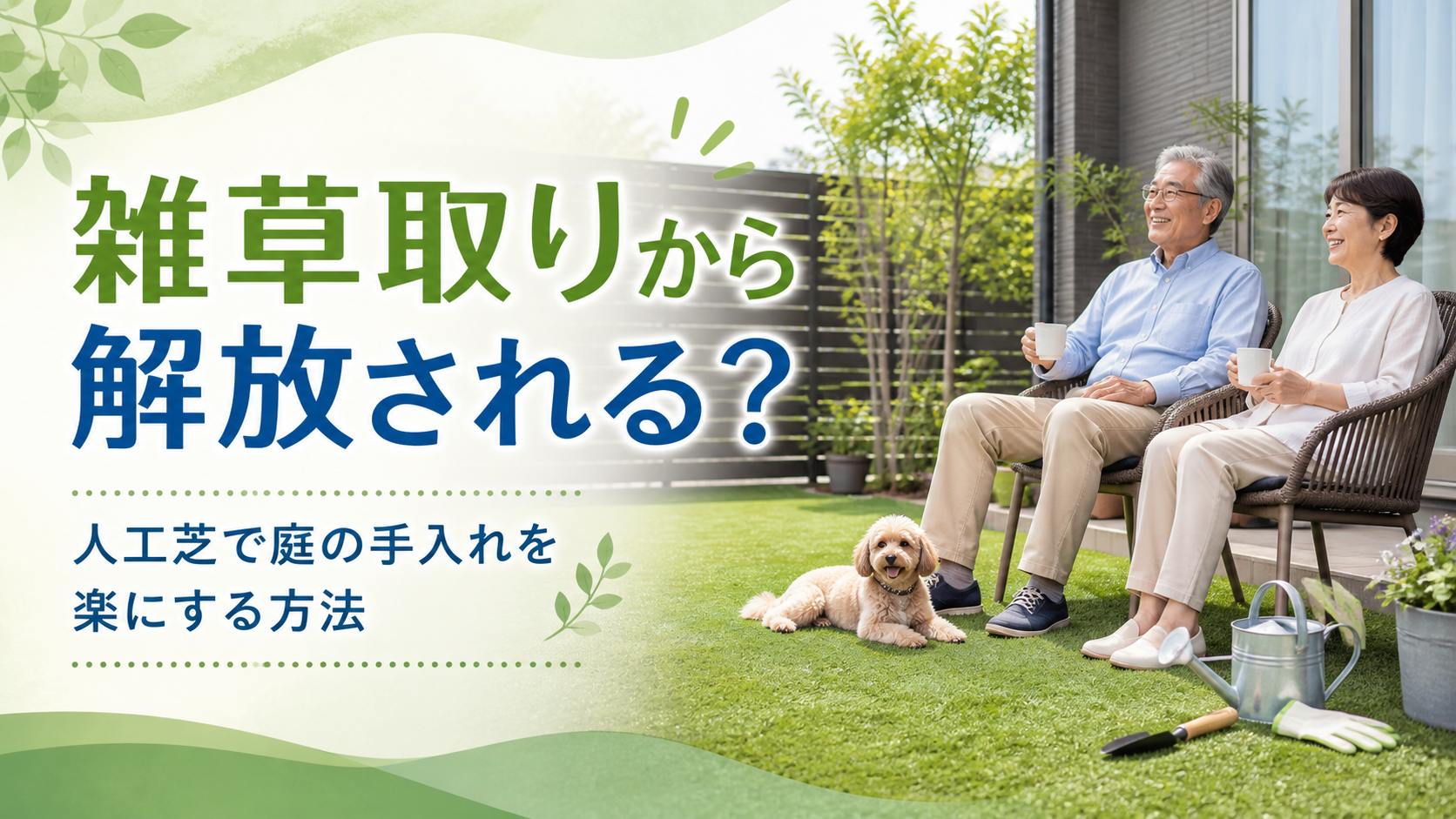 雑草の少ない人工芝の庭でくつろぐシニア夫婦と犬