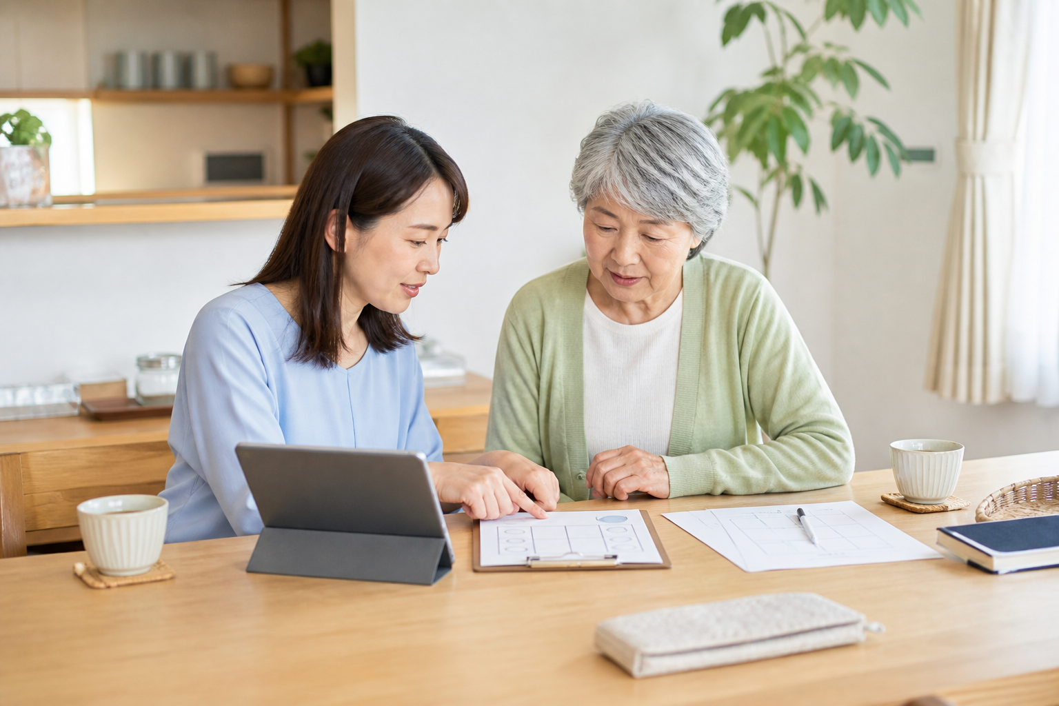 家族が高齢の親と家事代行の依頼内容を確認する様子