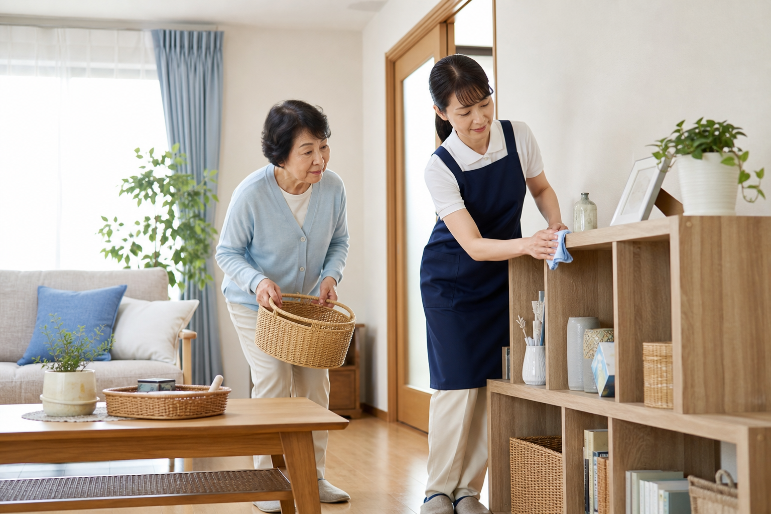 高齢の親と家事代行スタッフがリビングを片付ける様子
