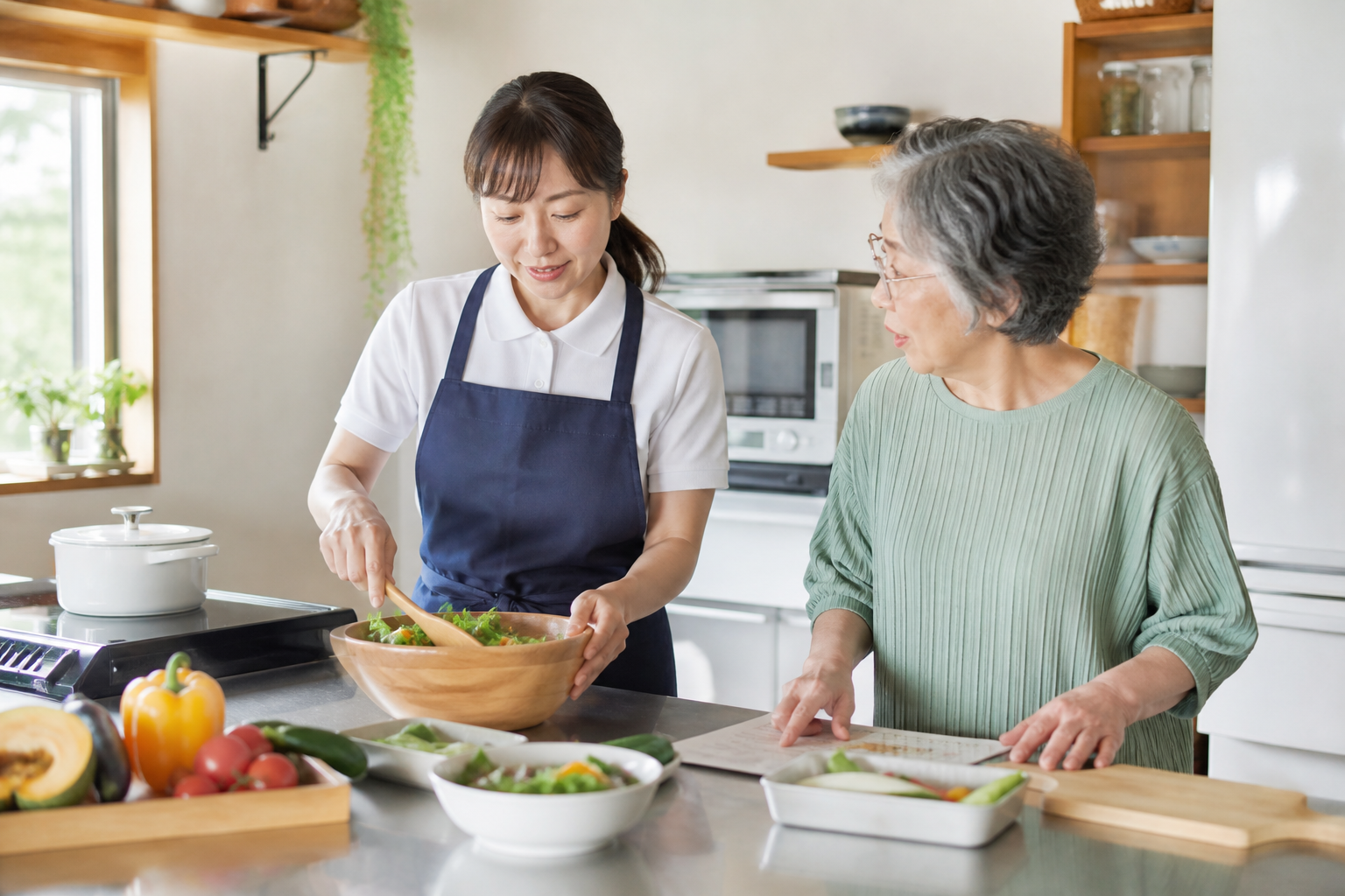 家事代行スタッフと高齢者がキッチンで料理内容を確認する様子