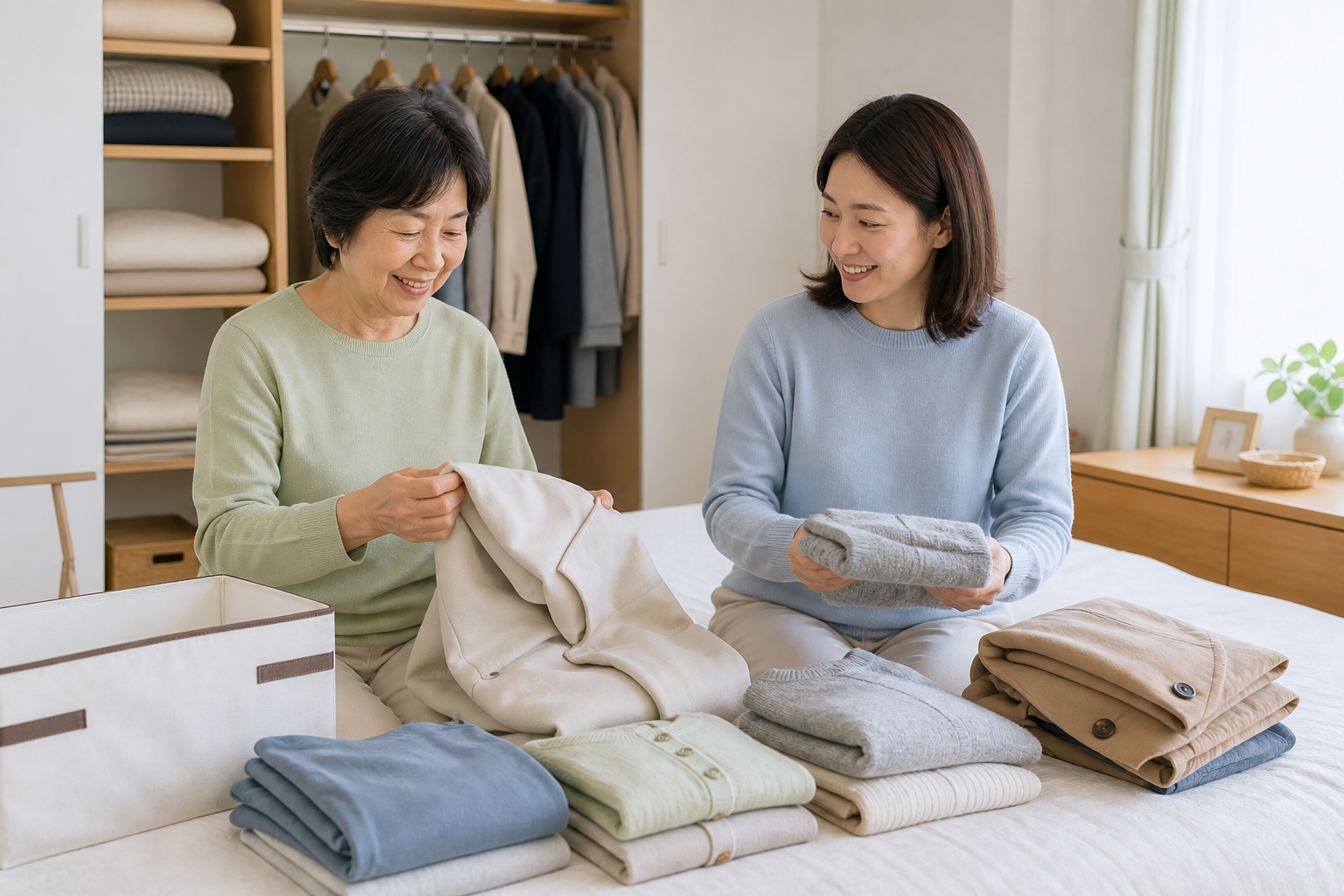 高齢者と家族が衣替えの衣類を整理する様子
