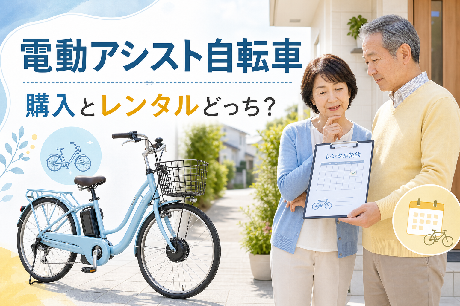 電動アシスト自転車の購入とレンタルを高齢の夫婦が比較している様子