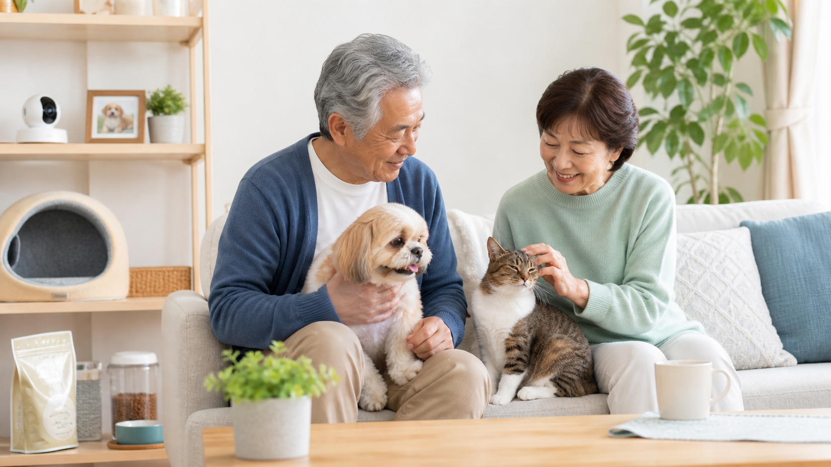 高齢者の夫婦が犬と猫と暮らす明るいリビングとペットカメラ