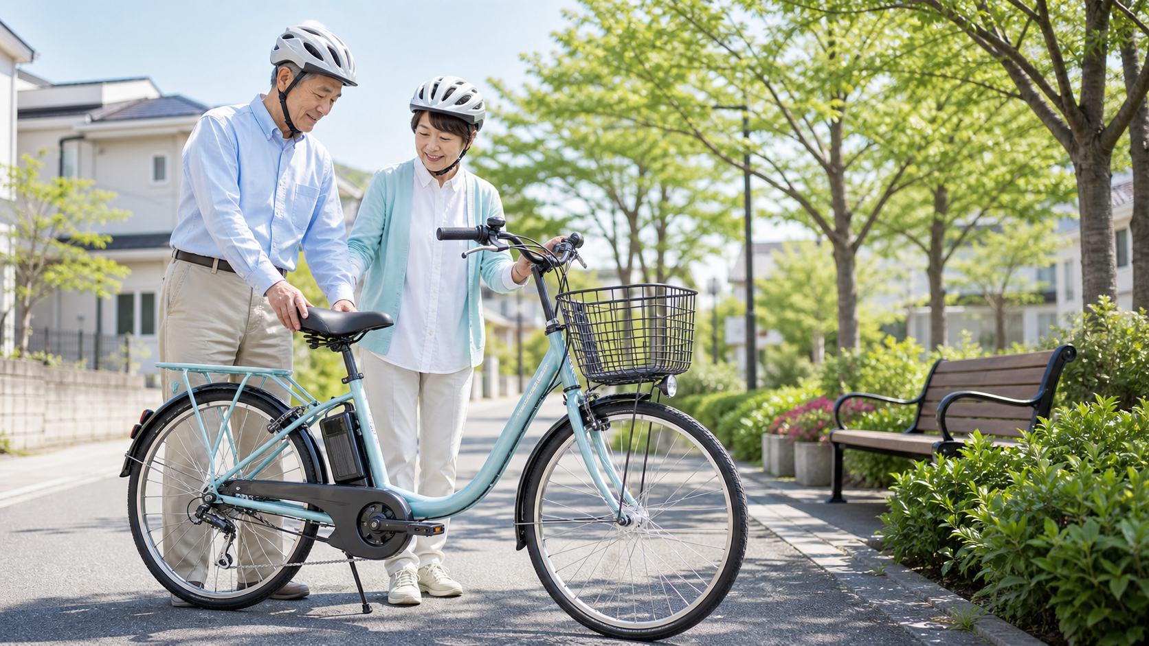 高齢の夫婦が低床フレームの電動アシスト自転車を確認している様子
