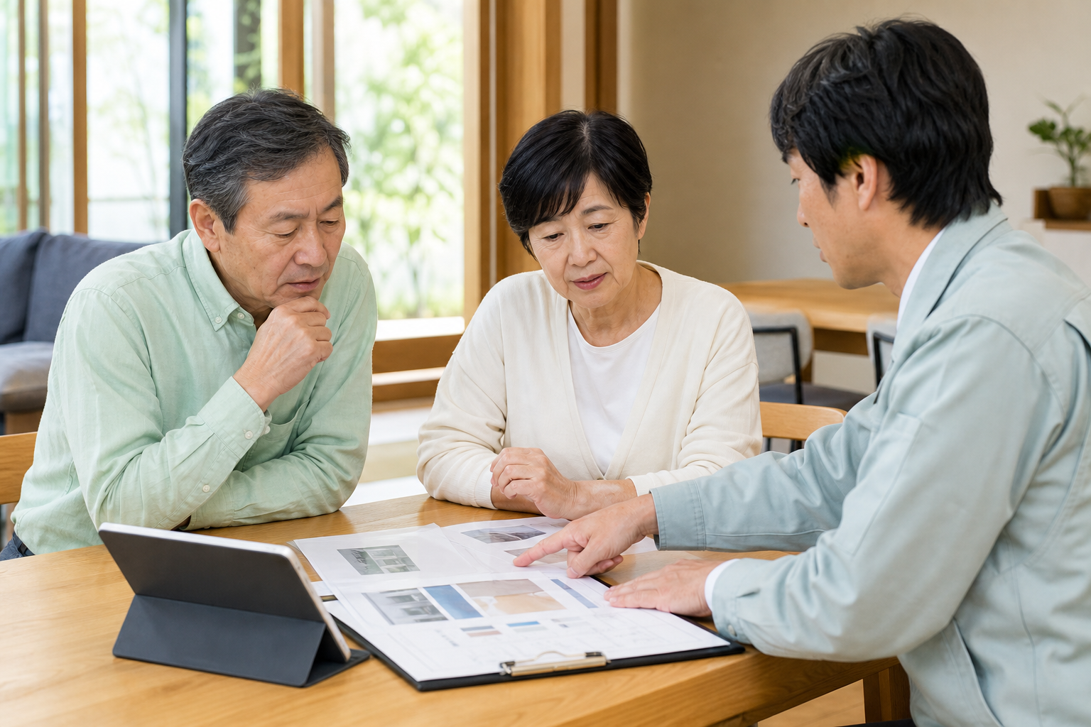夫婦が外壁塗装の見積もりと保証内容を確認する様子