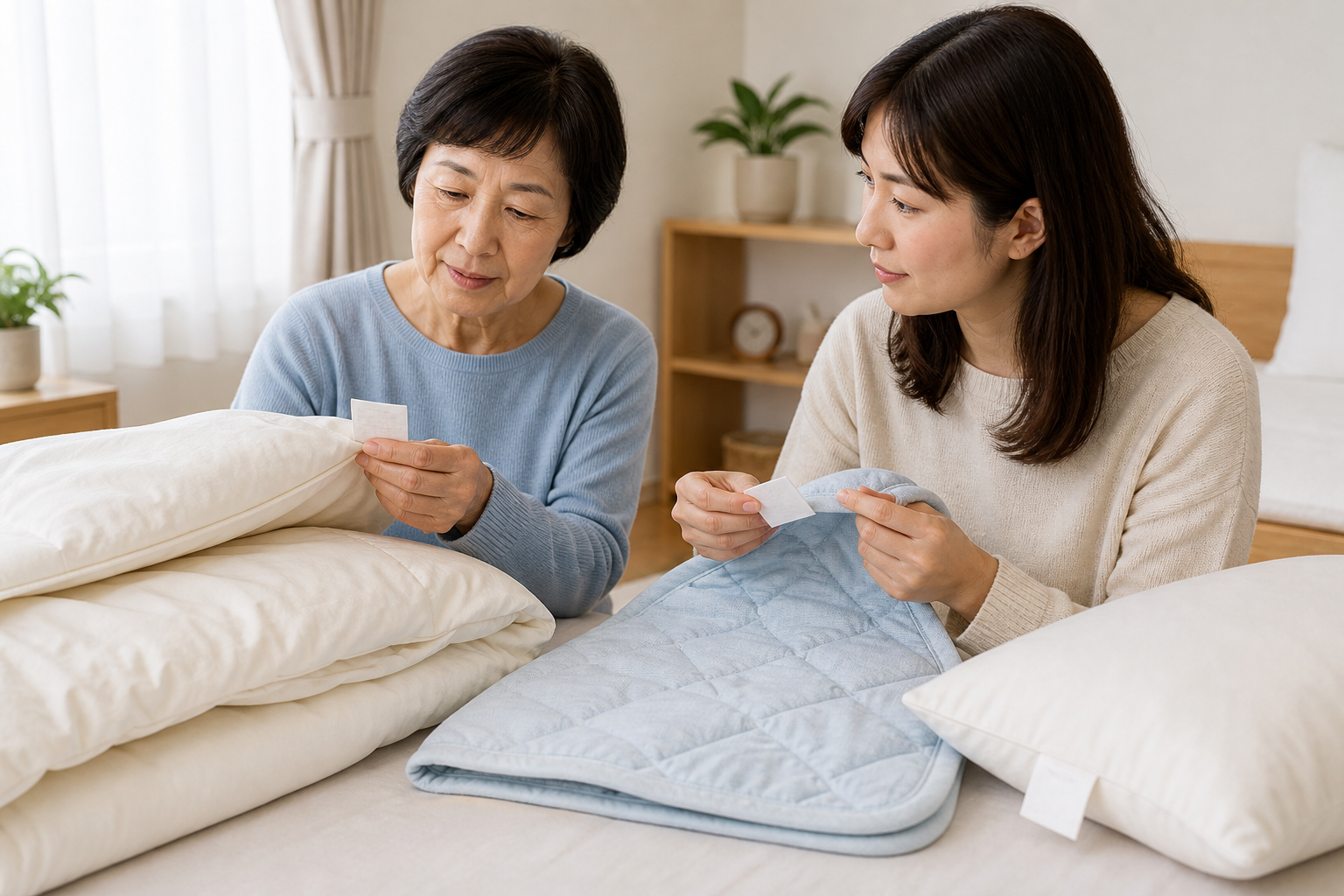 家族が布団の種類や表示を確認する様子