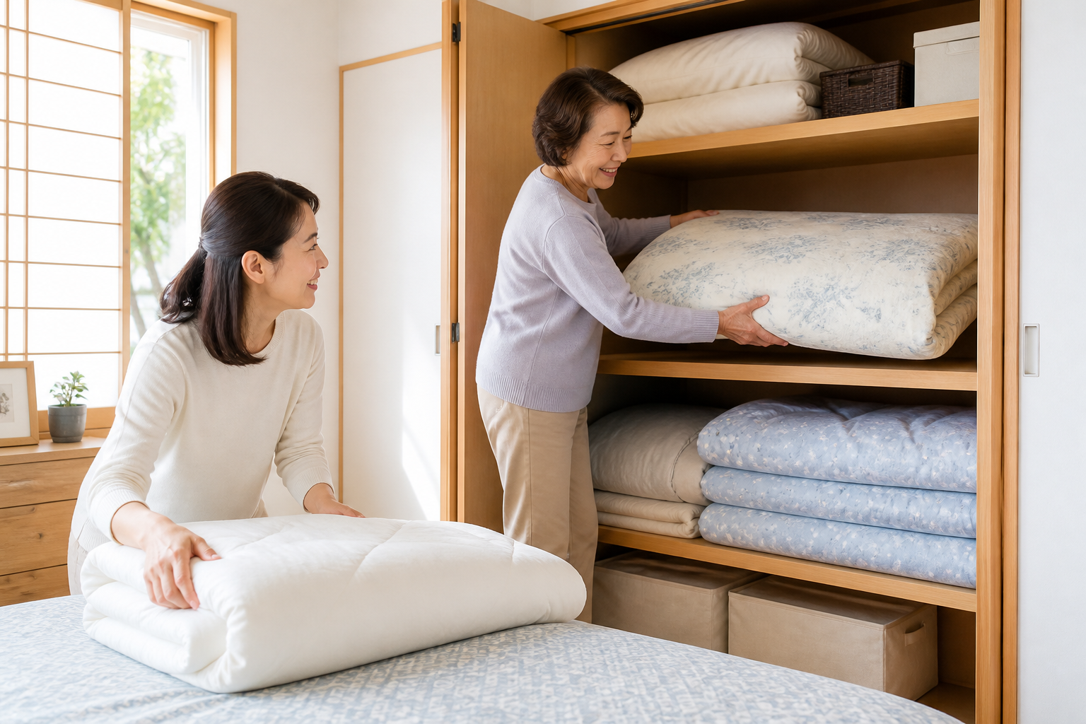クリーニング後の寝具を収納する親子