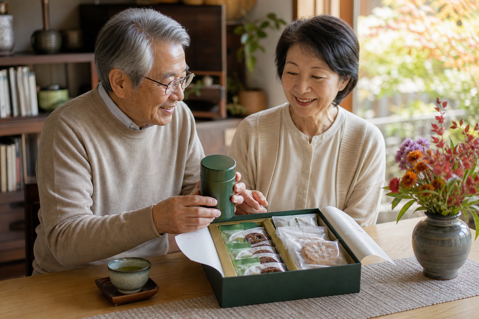 敬老の日にお茶と和菓子を楽しむ高齢の夫婦