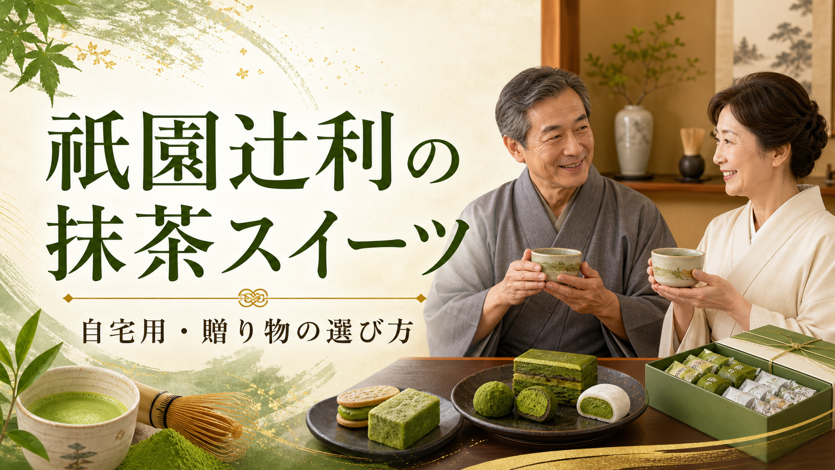 祇園辻利の抹茶スイーツとお茶を楽しむシニア夫婦