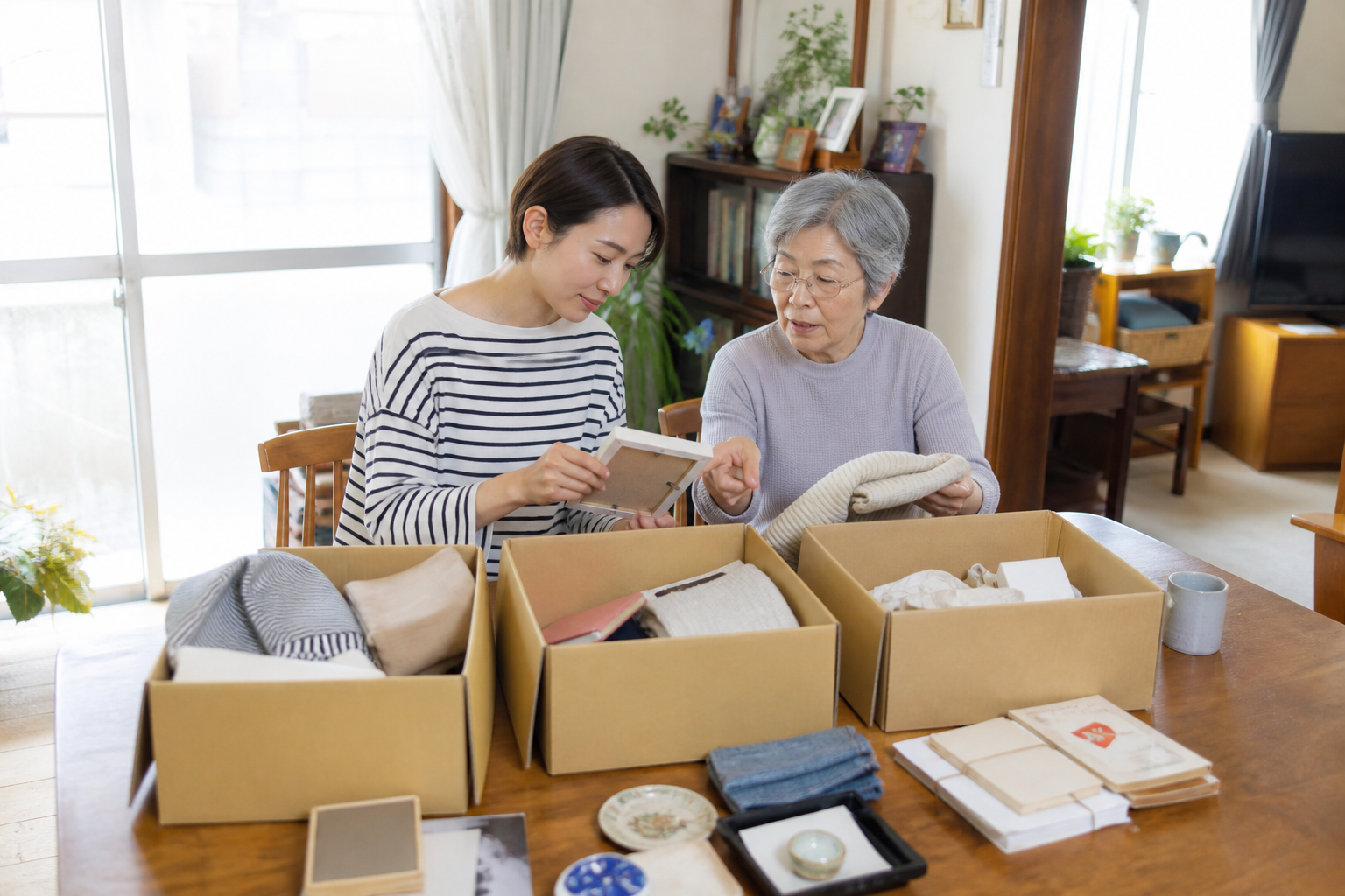 高齢の親と家族が家の荷物を仕分ける様子