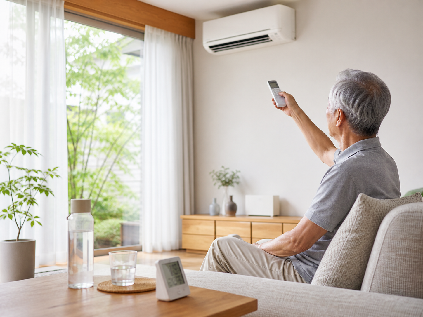 高齢者がエアコンを使い、温湿度計と水分を確認している夏の室内