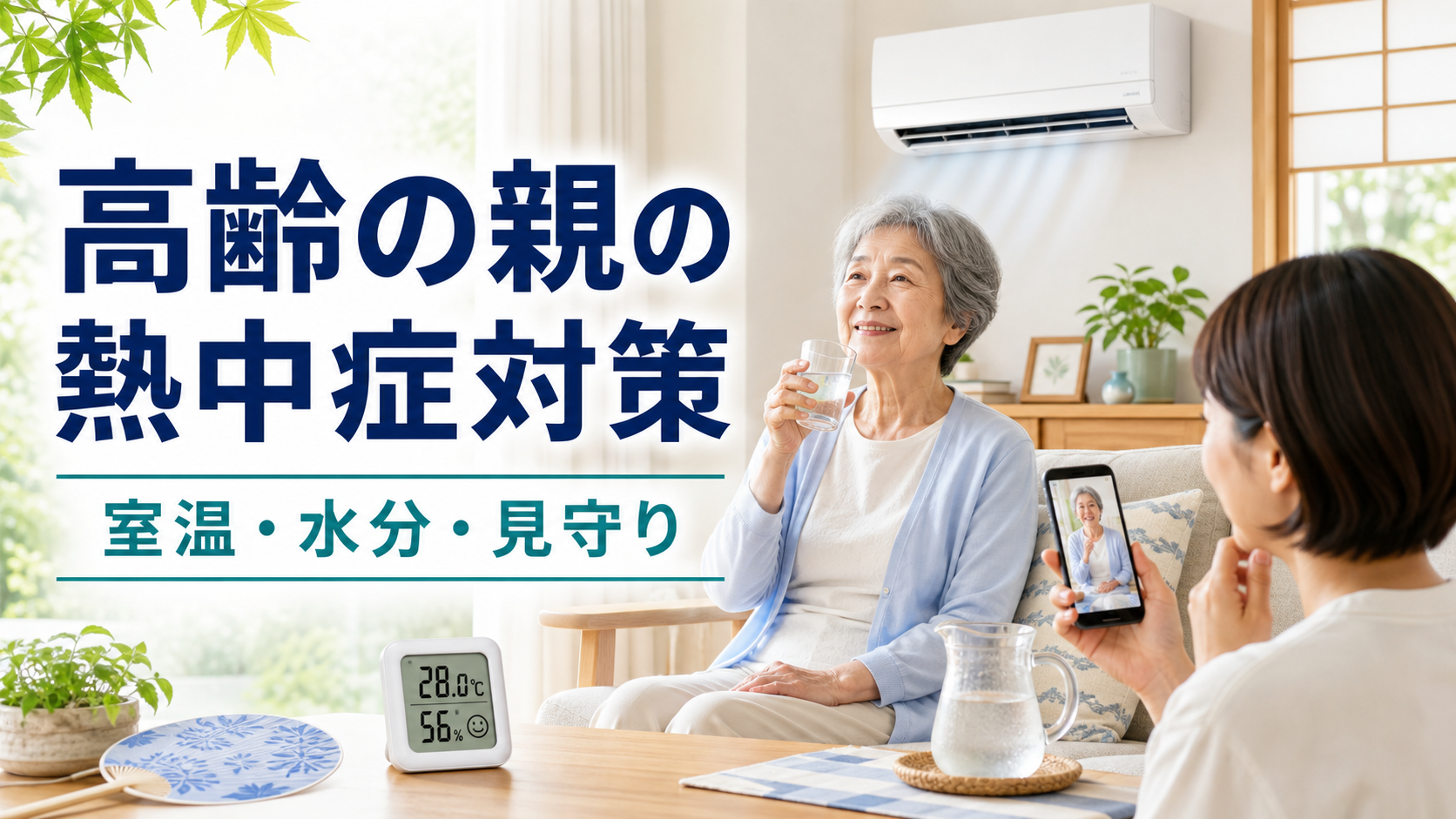 高齢の親の熱中症対策を室温・水分・見守りで確認するイメージ