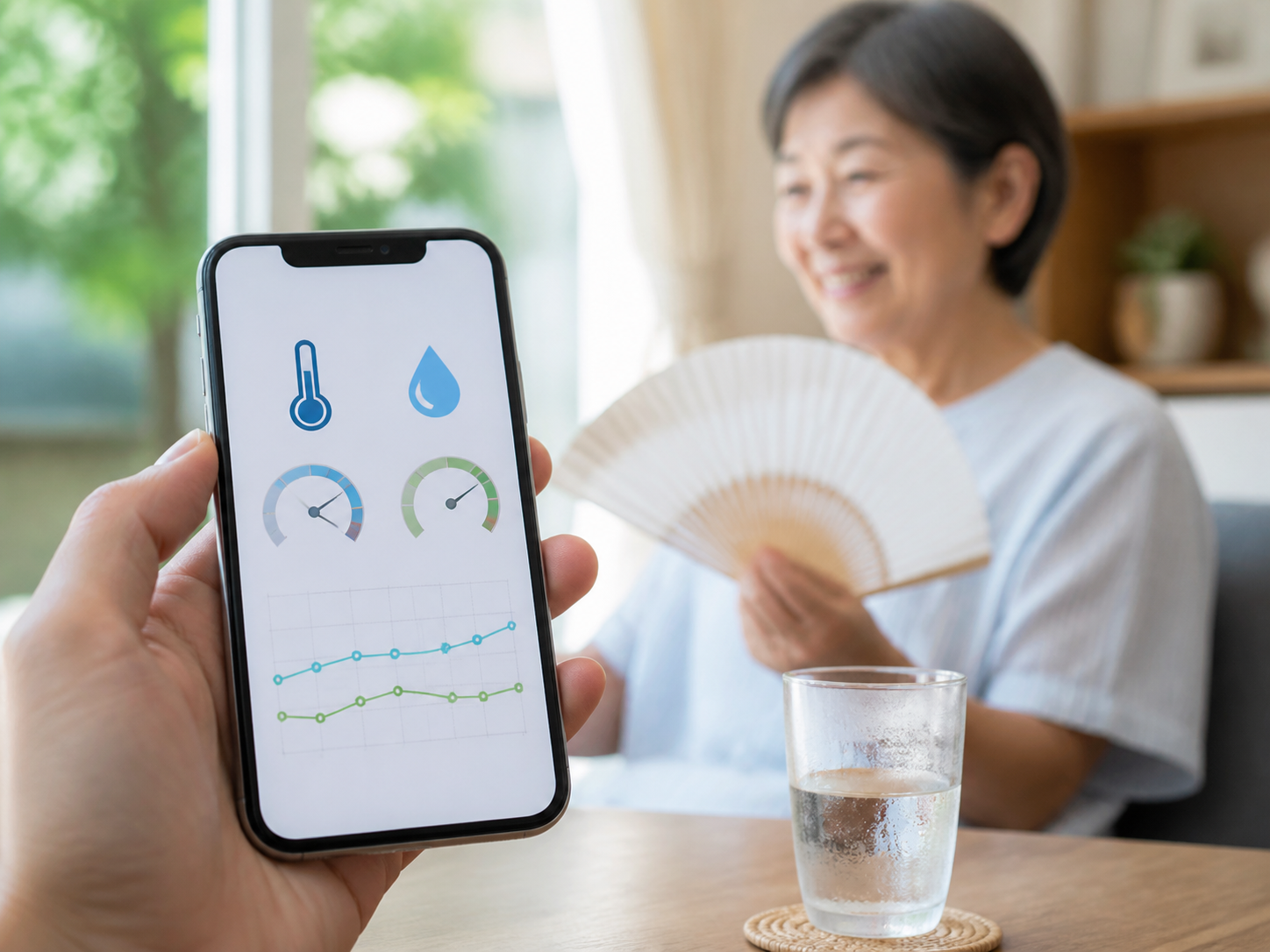 家族がスマートフォンで離れて暮らす親の室温と湿度を確認するイメージ