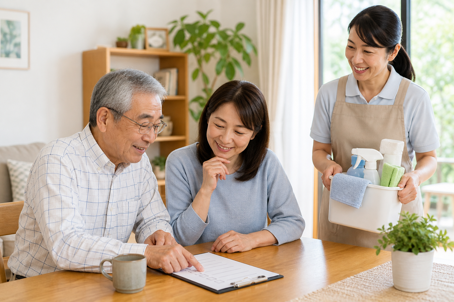 高齢者と家族が家事代行の依頼内容を確認している様子