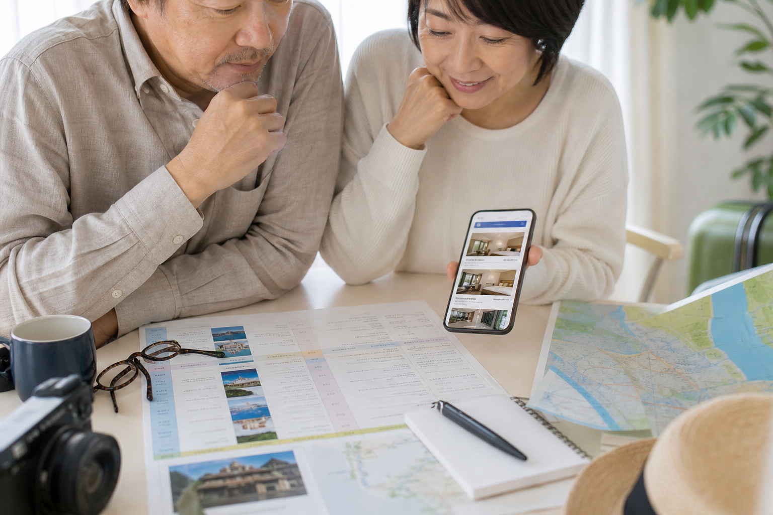 夫婦が旅行日程と宿泊先を相談している様子