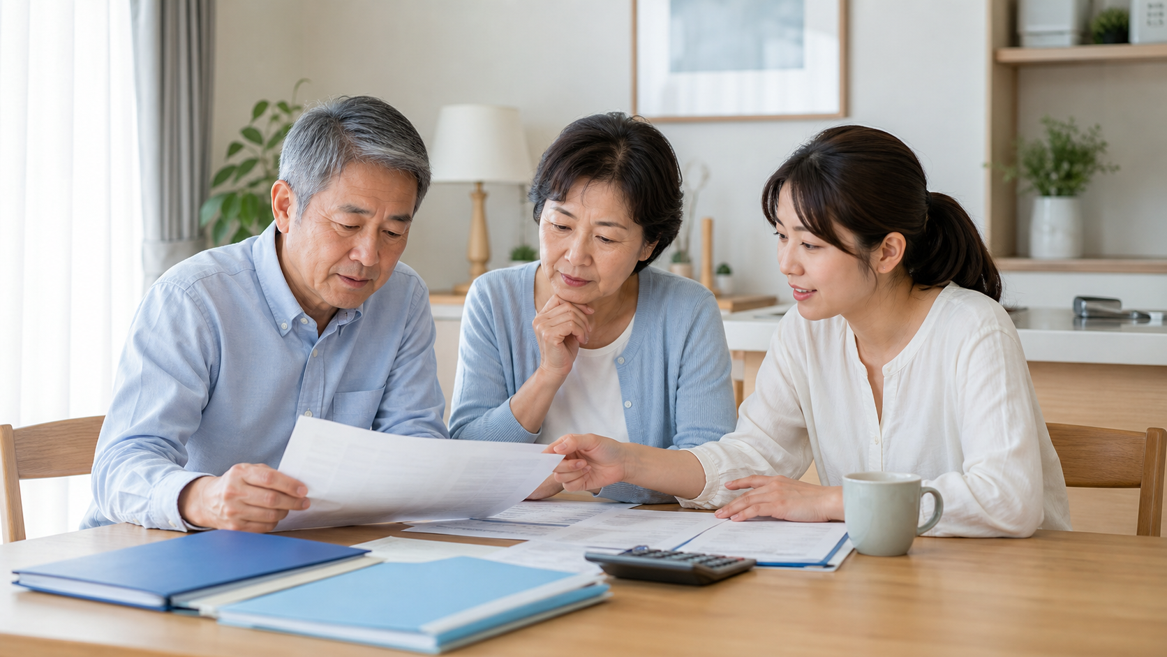 高齢の夫婦と家族が保険証券と更新時期を確認する様子
