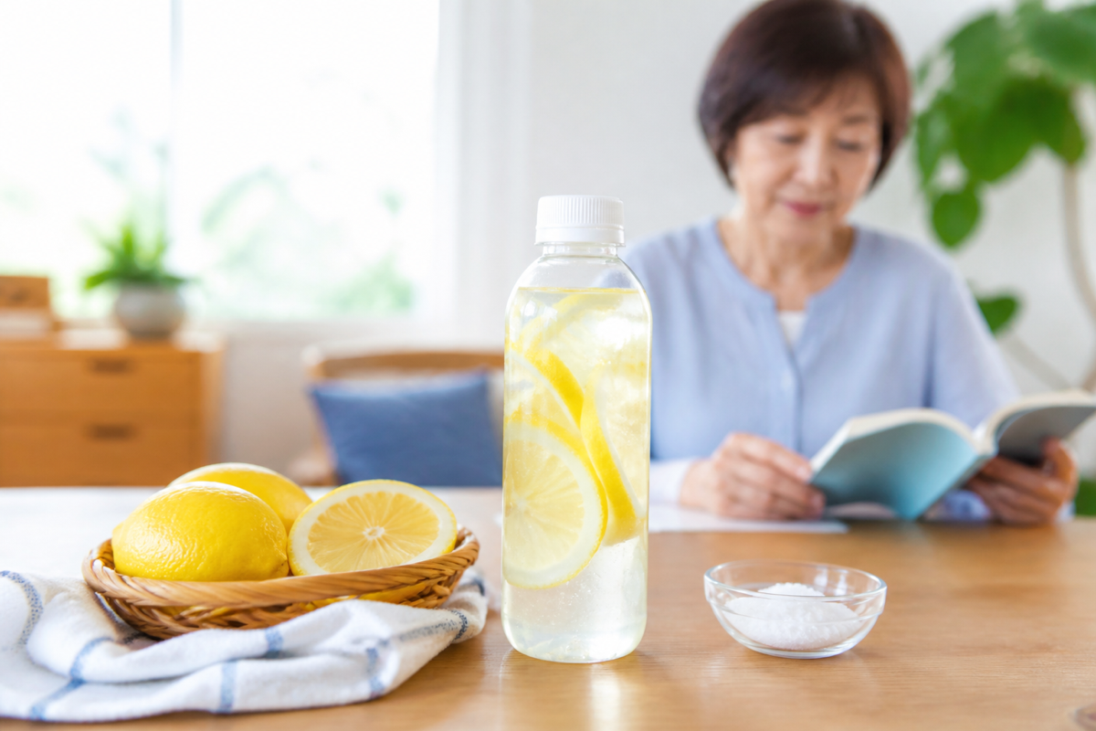 いろはす塩とレモンの成分表示を確認するイメージ