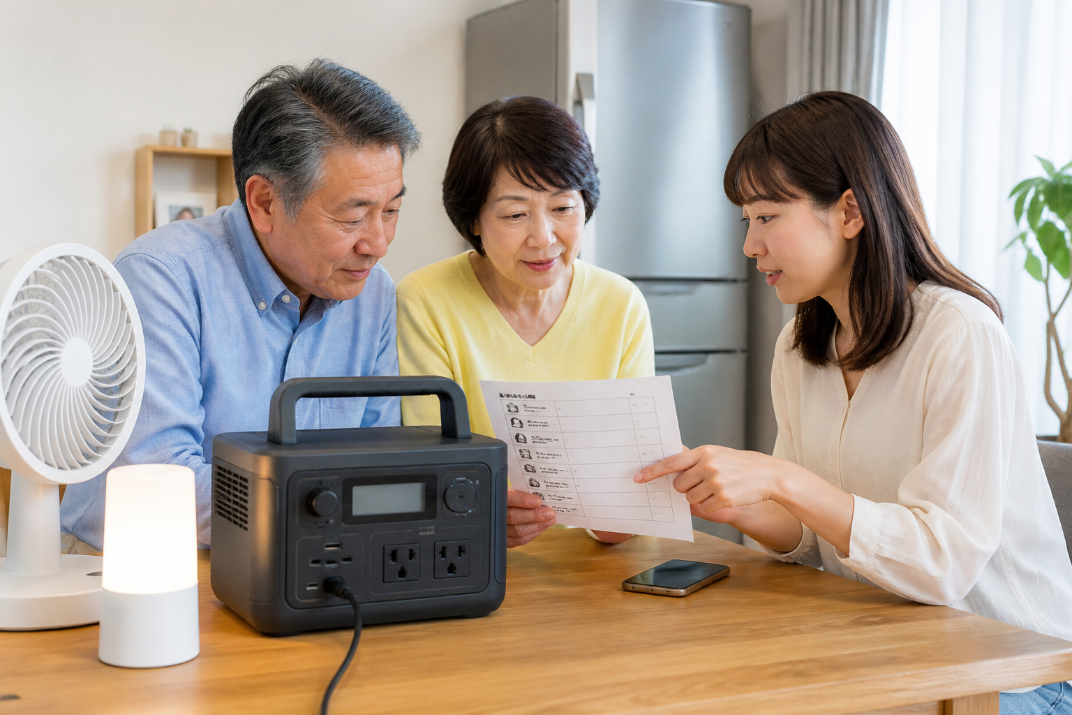 高齢者世帯が停電時に使う家電を家族で確認している様子