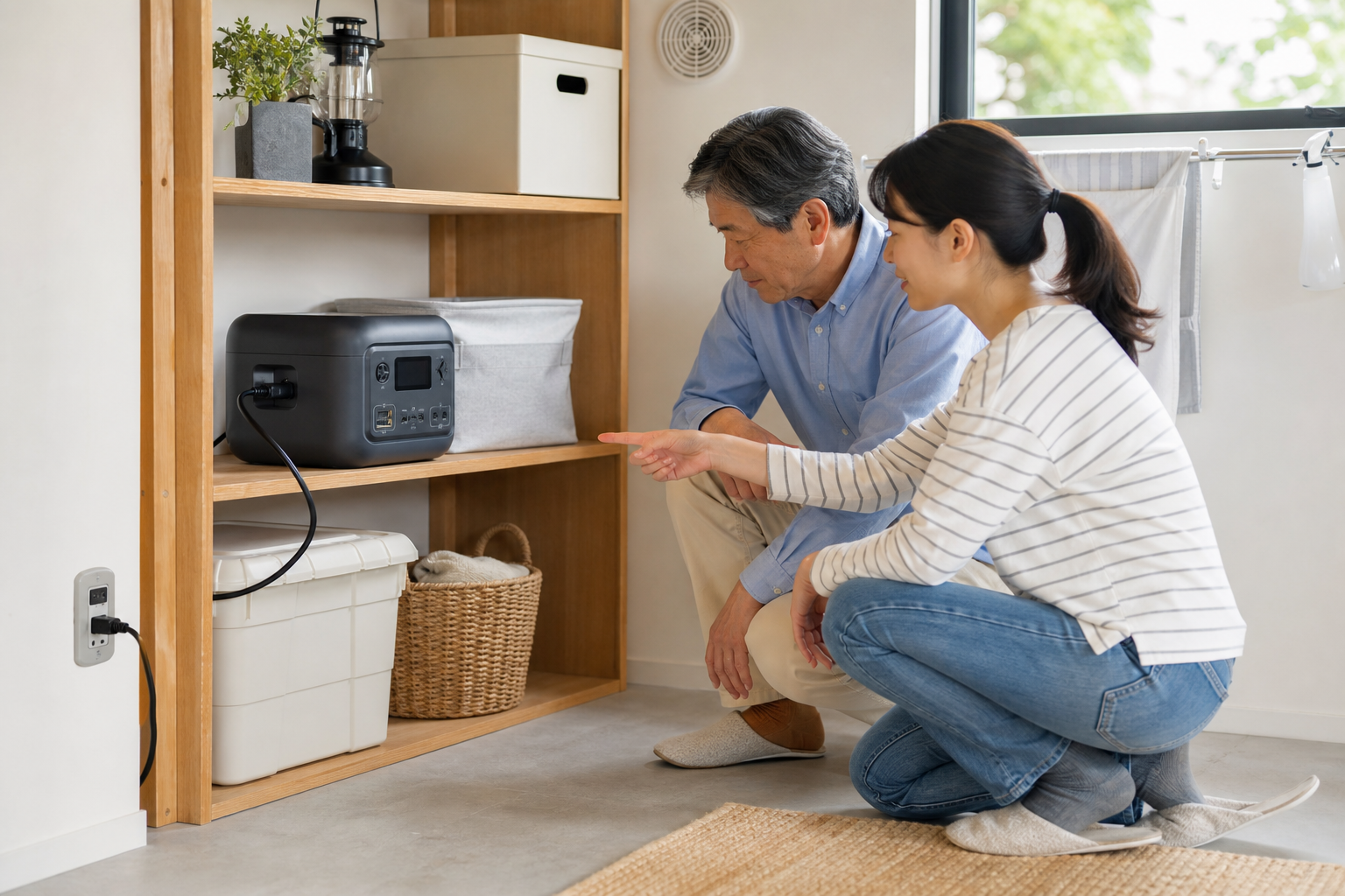 家庭でポータブル電源の安全な置き場所と充電方法を確認している様子