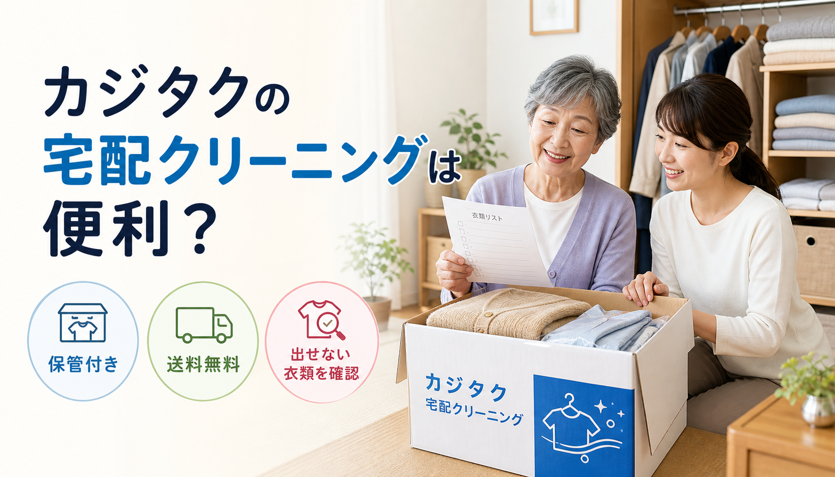 カジタクの保管付き宅配クリーニングを確認する高齢の親子