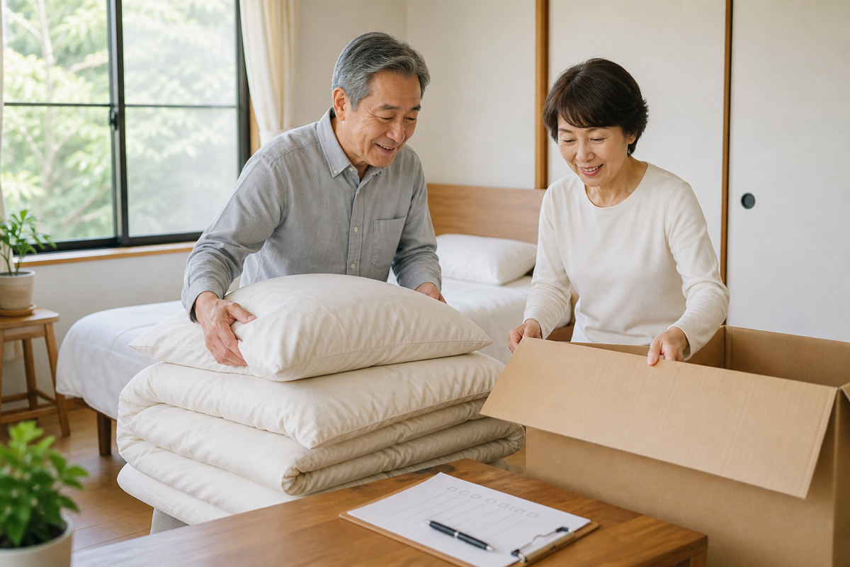 保管用バッグに入れた布団と返却時期を確認するイメージ