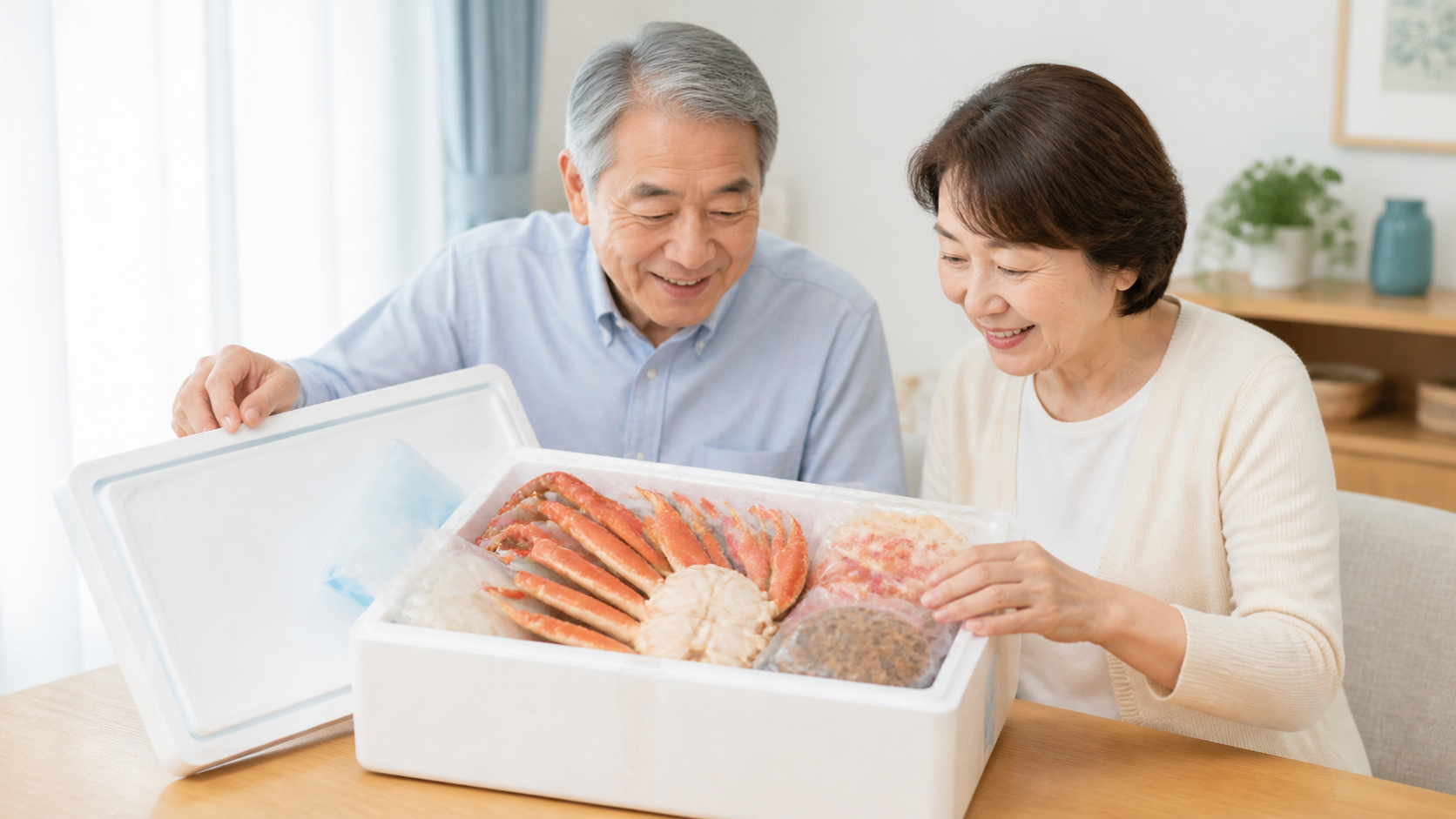 高齢の夫婦が届いたカニギフトの内容量と包装を家族と確認している様子