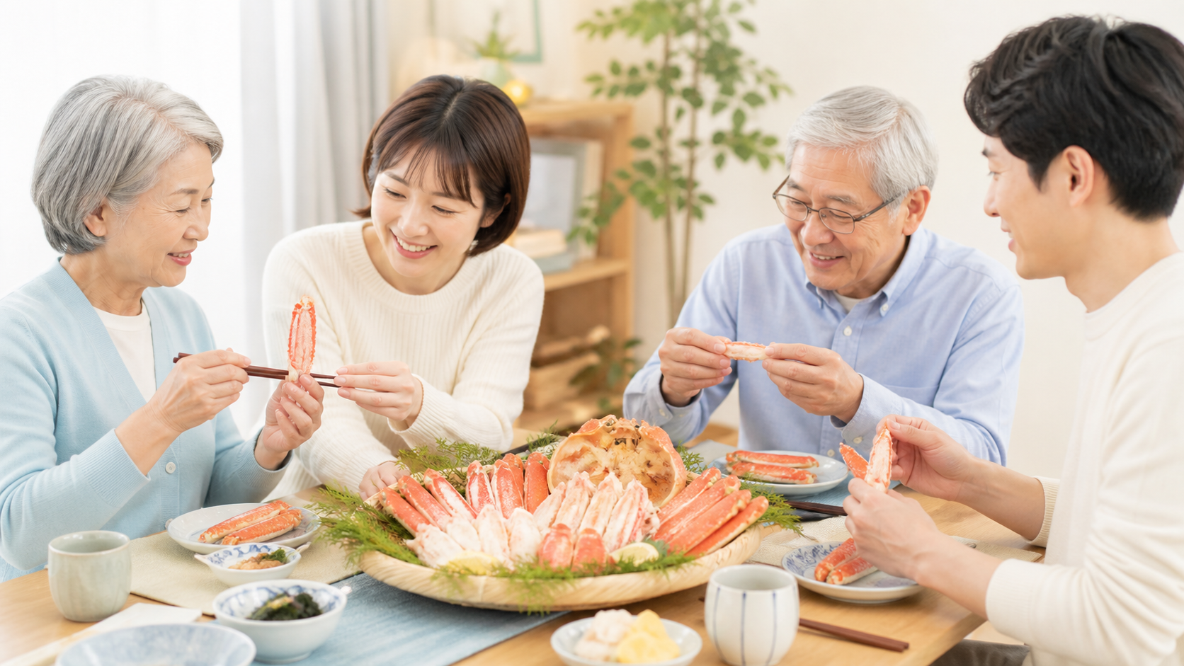 カット済みのカニ料理を家族が高齢の親と一緒に食べやすさを確認している食卓