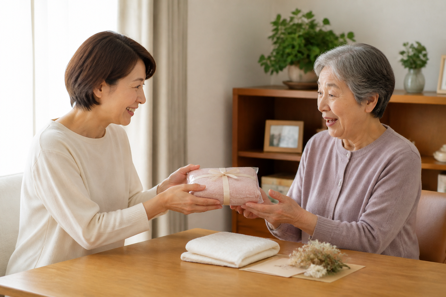敬老の日にエアーかおるのタオルを贈る家族の様子