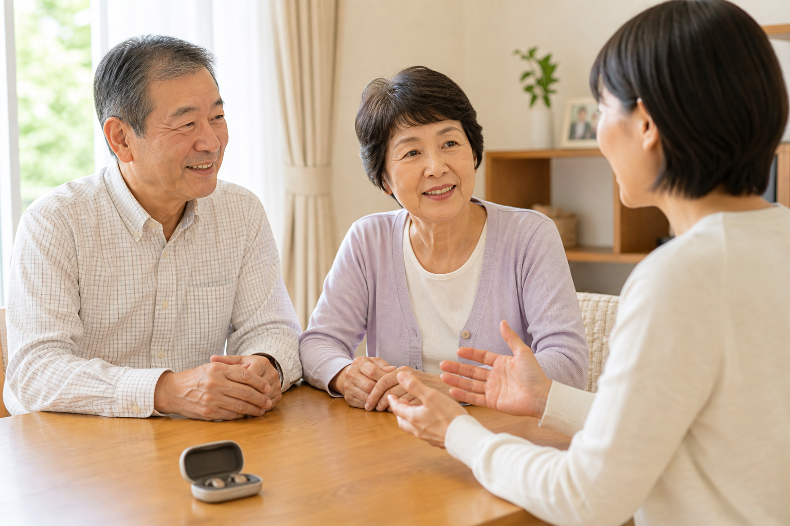 敬老の日に集音器を贈る前に家族で相談する様子
