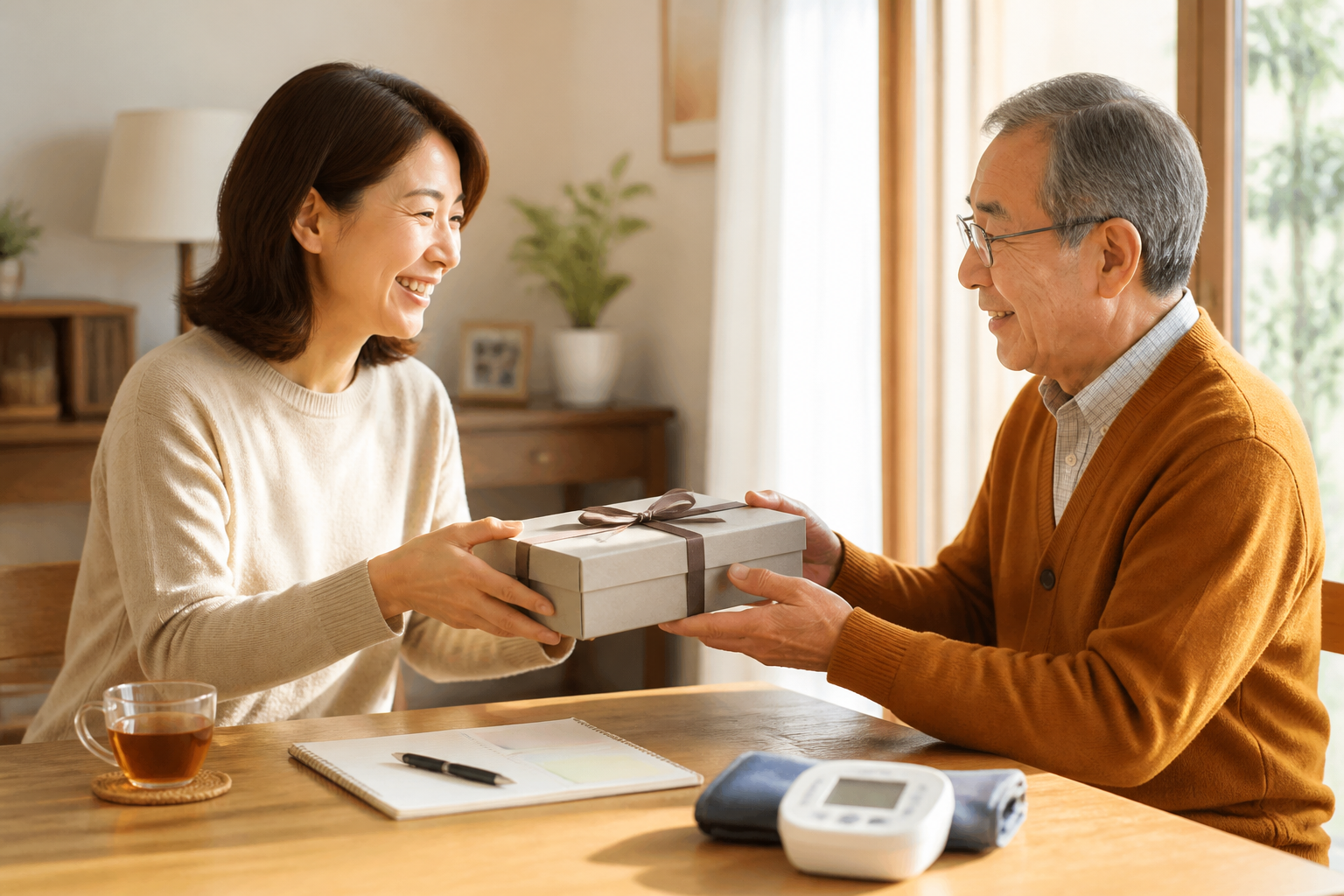 敬老の日にタニタの健康機器を贈る家族の様子