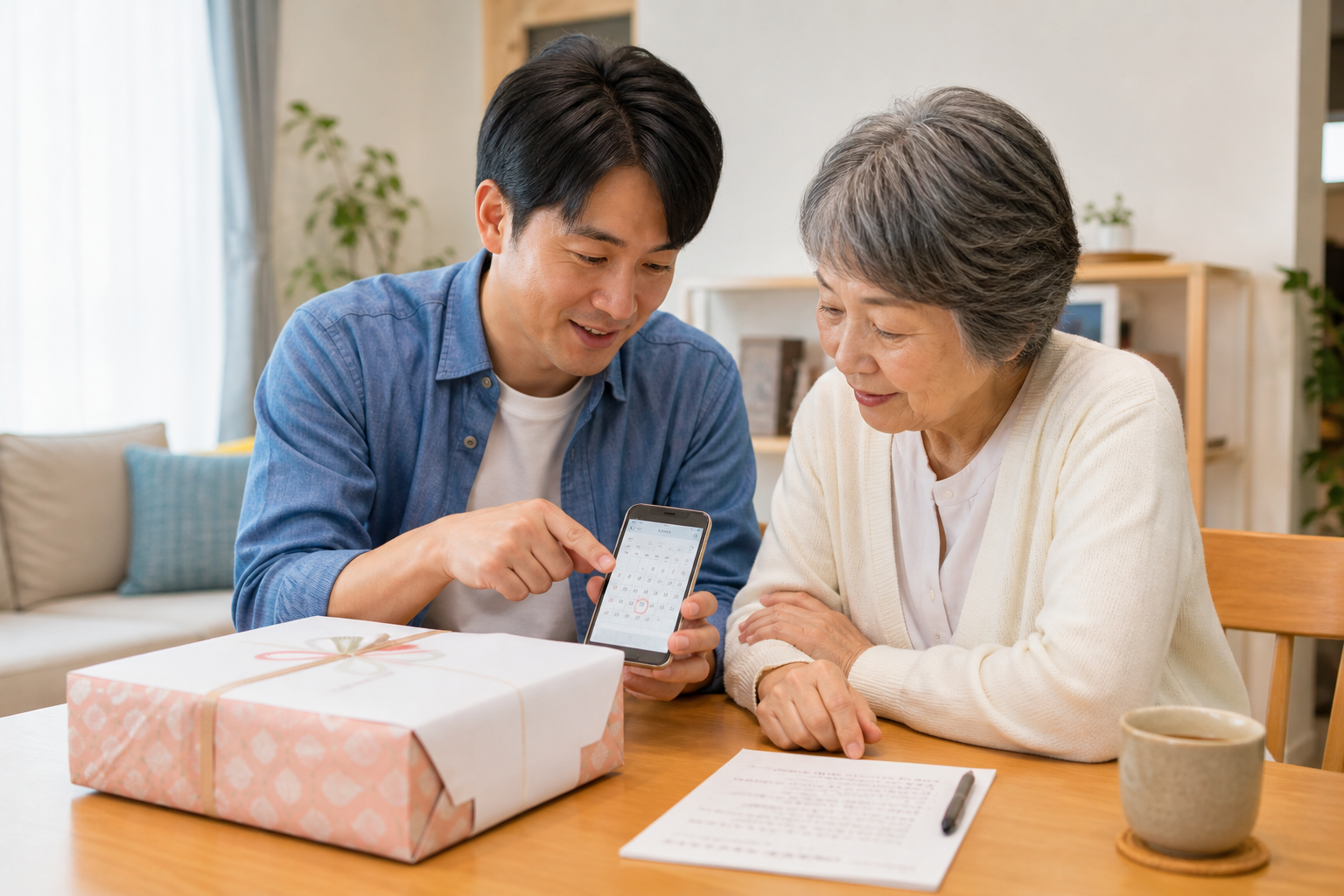 敬老の日のプレゼント配送日を家族でスマートフォンのカレンダーで確認する様子