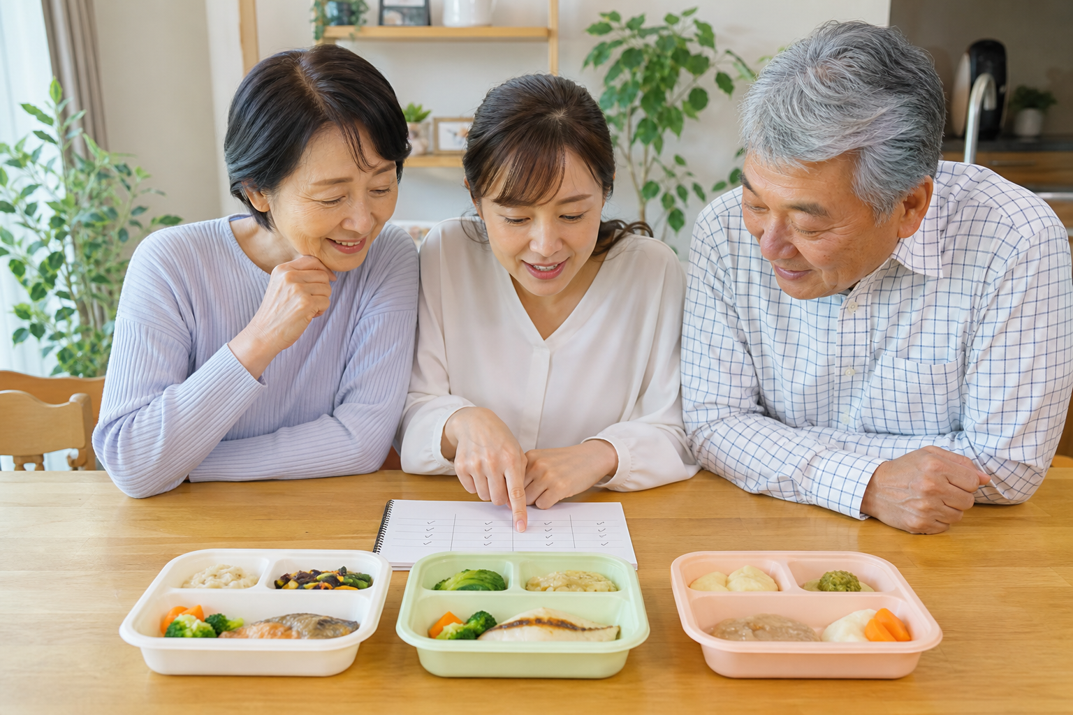 高齢の夫婦と家族が宅配弁当の種類を比較している様子