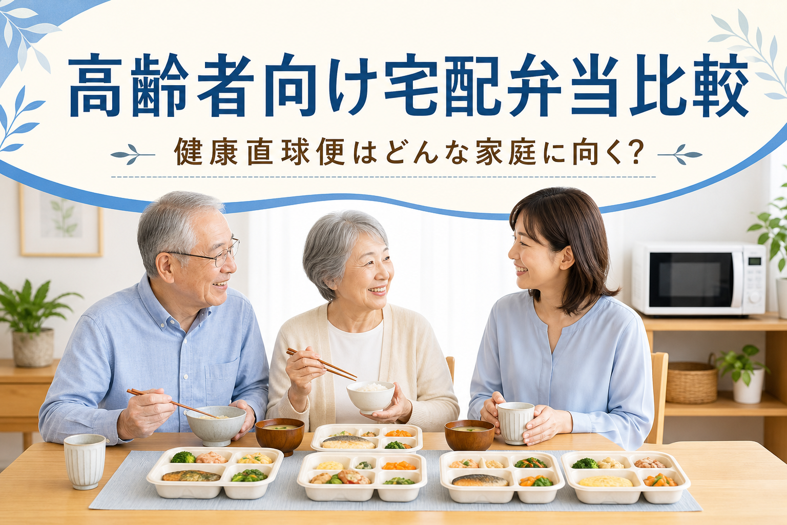 健康直球便と宅配弁当を高齢の親向けに比較するイメージ