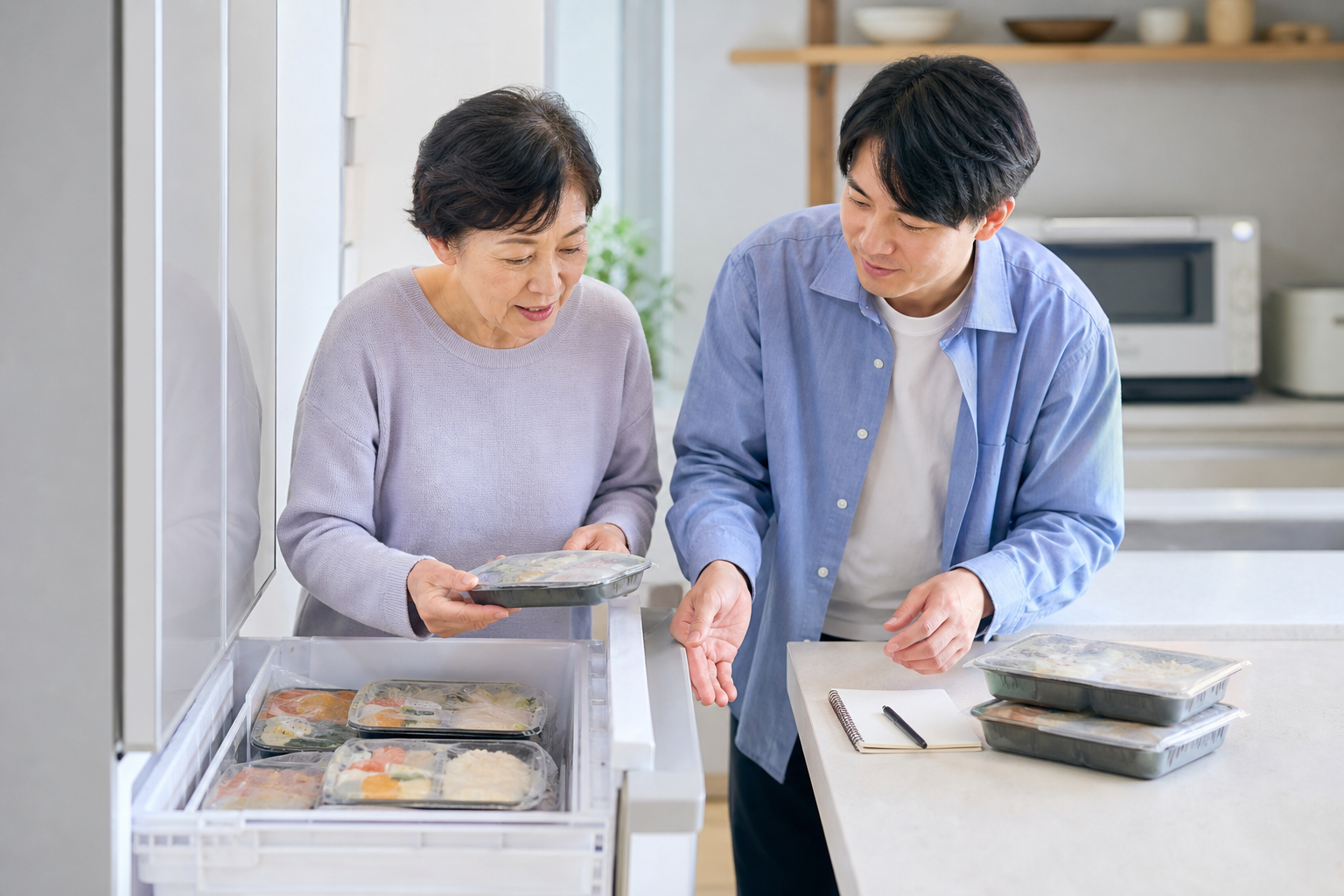 高齢の親と家族が冷凍庫の空きと宅配弁当を確認する様子
