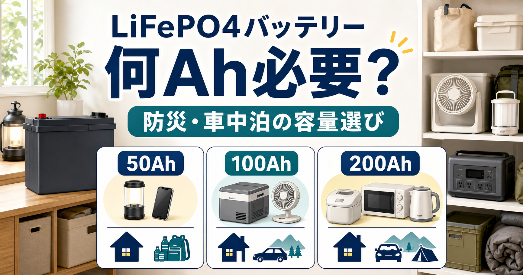 LiFePO4バッテリーの容量選びを解説するアイキャッチ画像