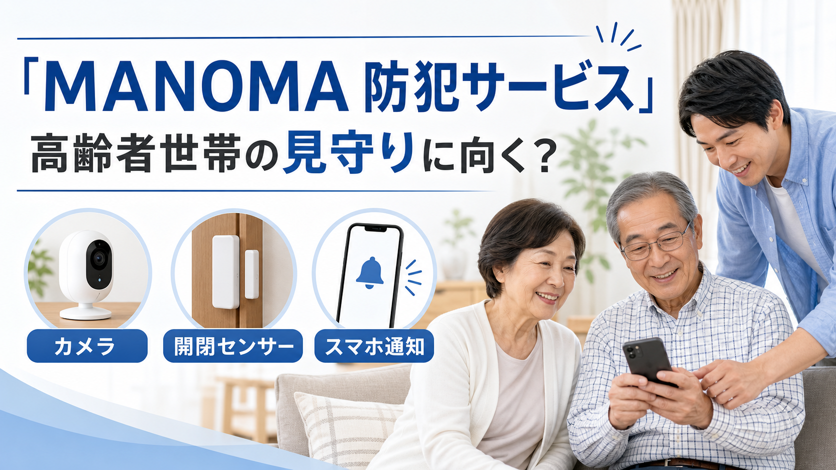 MANOMAセキュリティセットのカメラ・開閉センサー・スマホ通知を表したイメージ