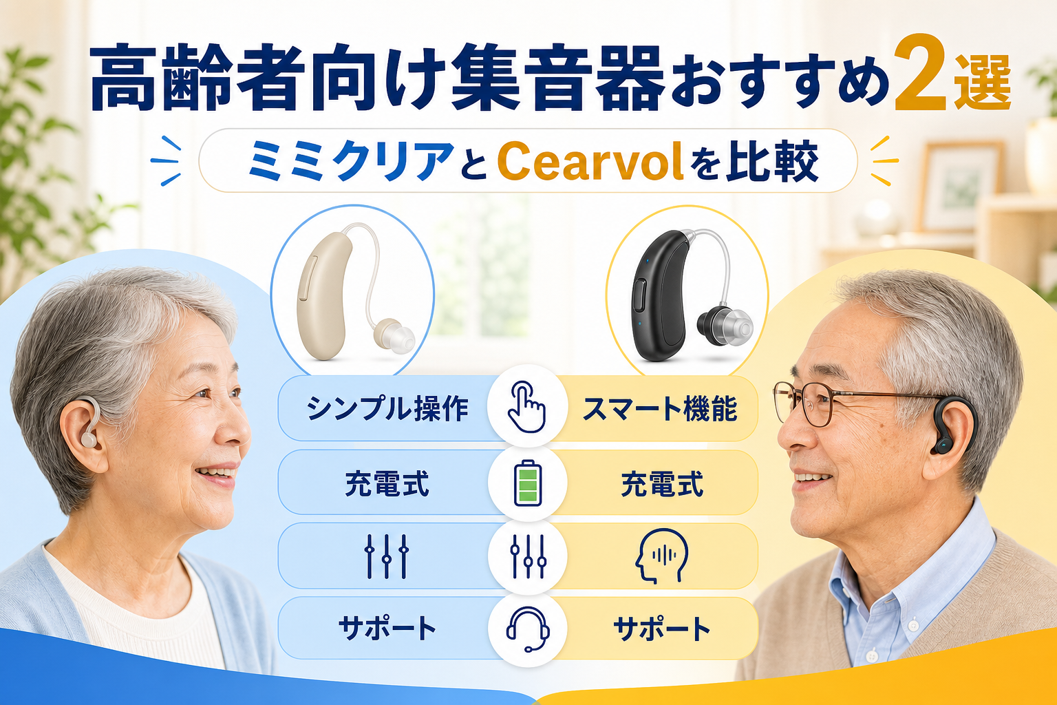 高齢者向け集音器のミミクリアとCearvolを比較する画像