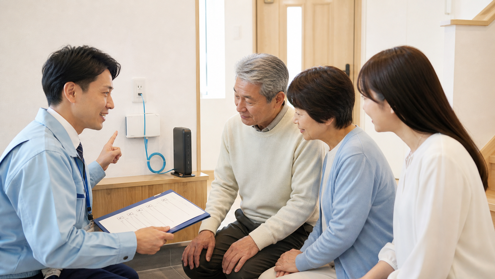 光回線の工事で作業員がWi-Fi機器を確認する様子