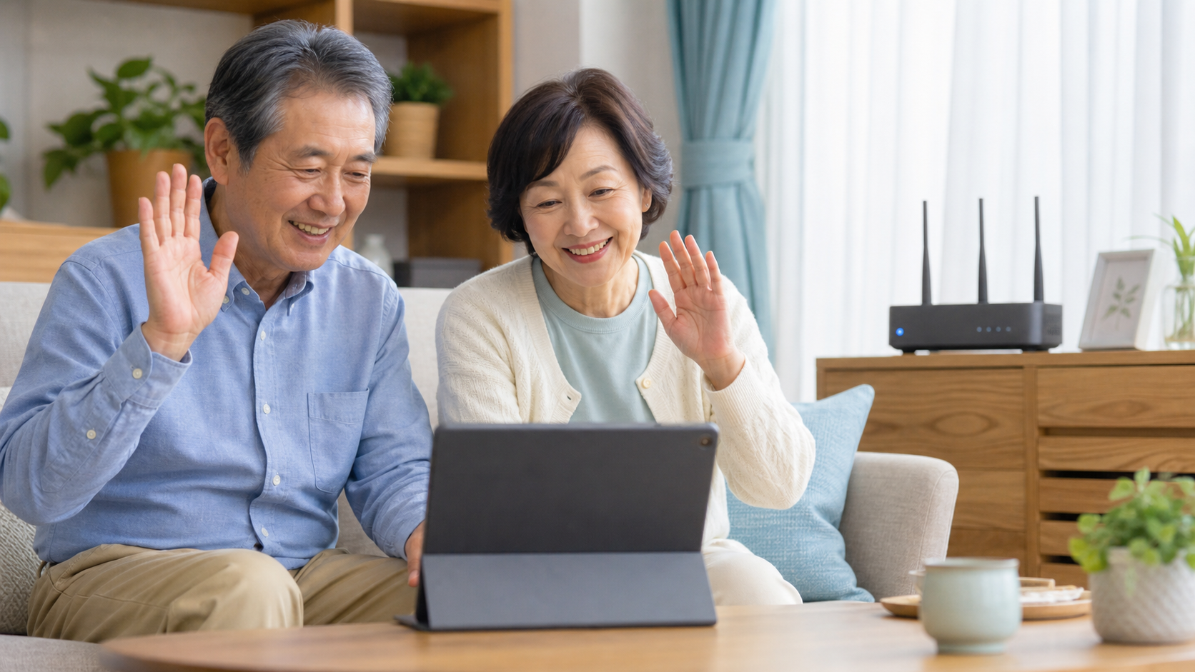 高齢者夫婦が自宅でオンライン通話を利用する様子