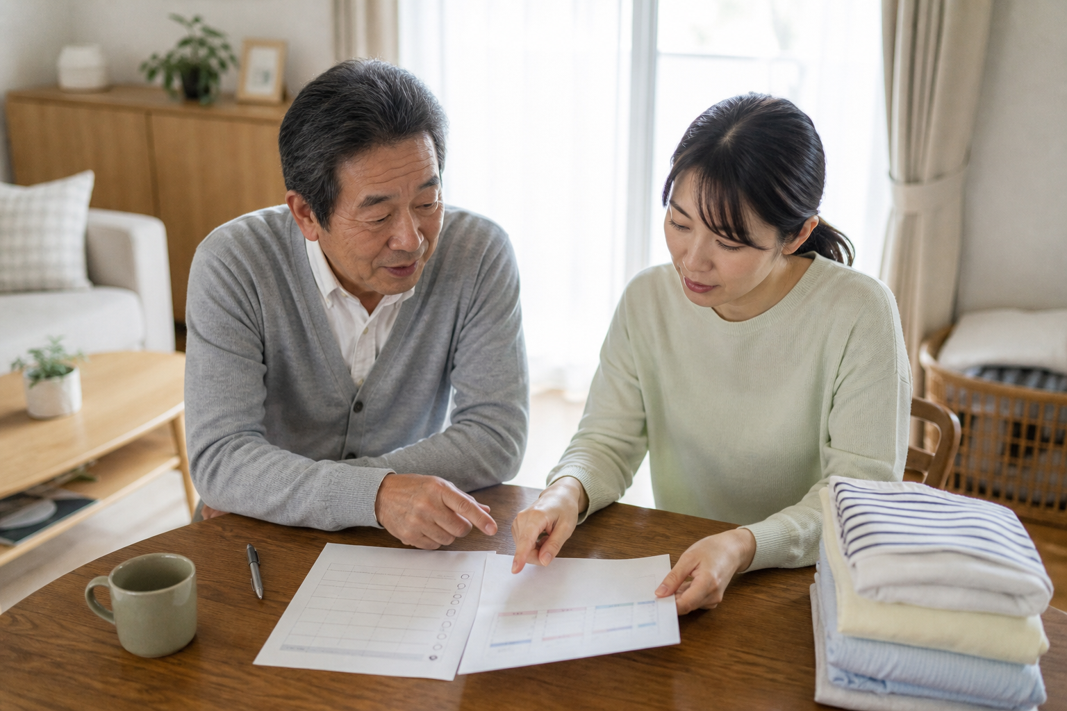 高齢の親と家族が家事代行の作業内容と予定を確認する様子