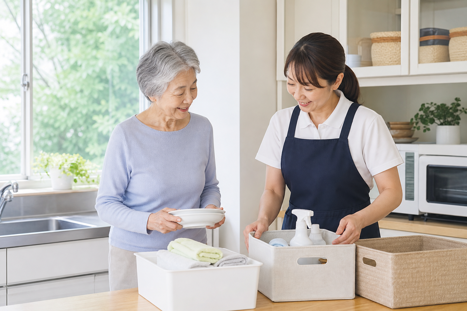 高齢者の親と家事代行スタッフがキッチンの片付けを相談する様子