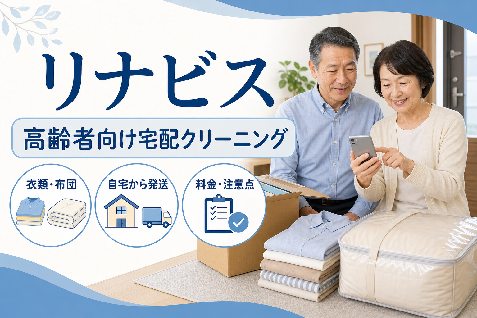 リナビス宅配クリーニングを検討するシニア世代の夫婦と衣類・布団