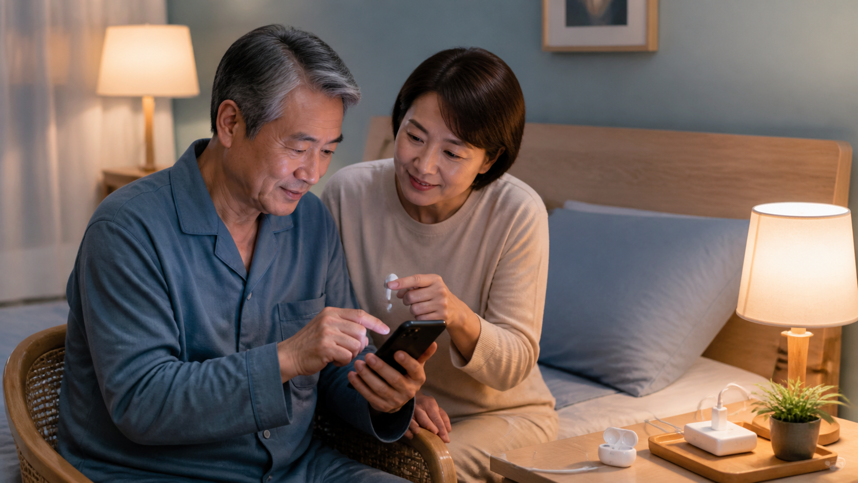 高齢の夫婦が寝室でスマートフォンとイヤホンの使い方を確認している様子
