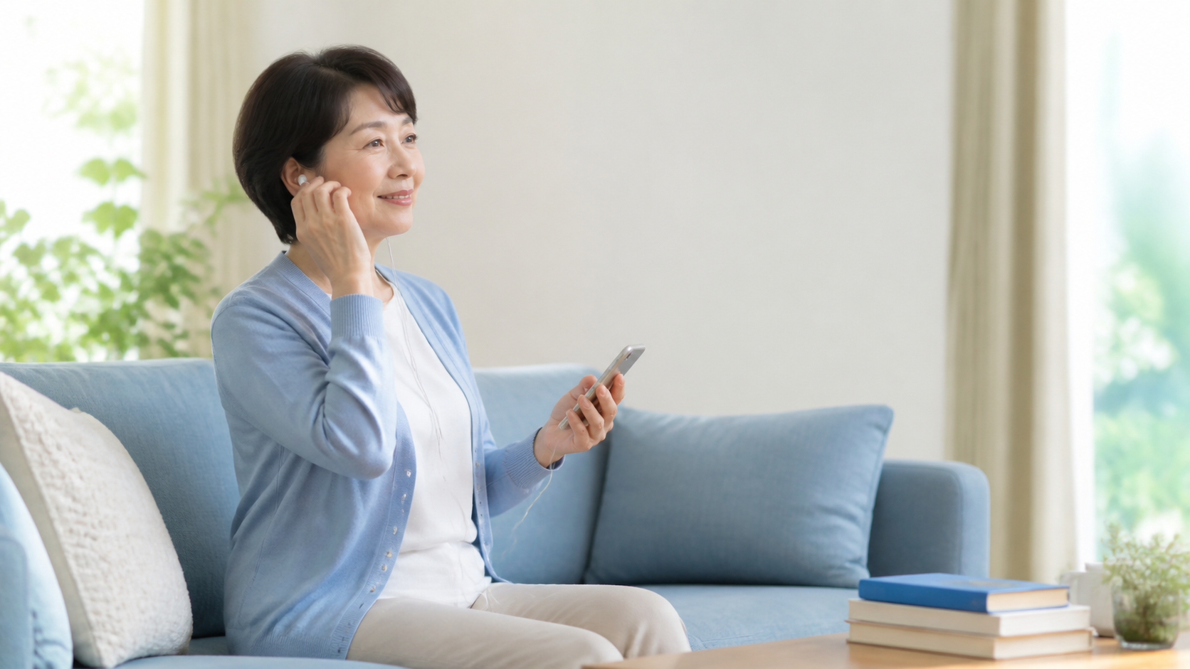 高齢の女性が自宅でスマートフォンを使いオーディオブックを聴いている様子