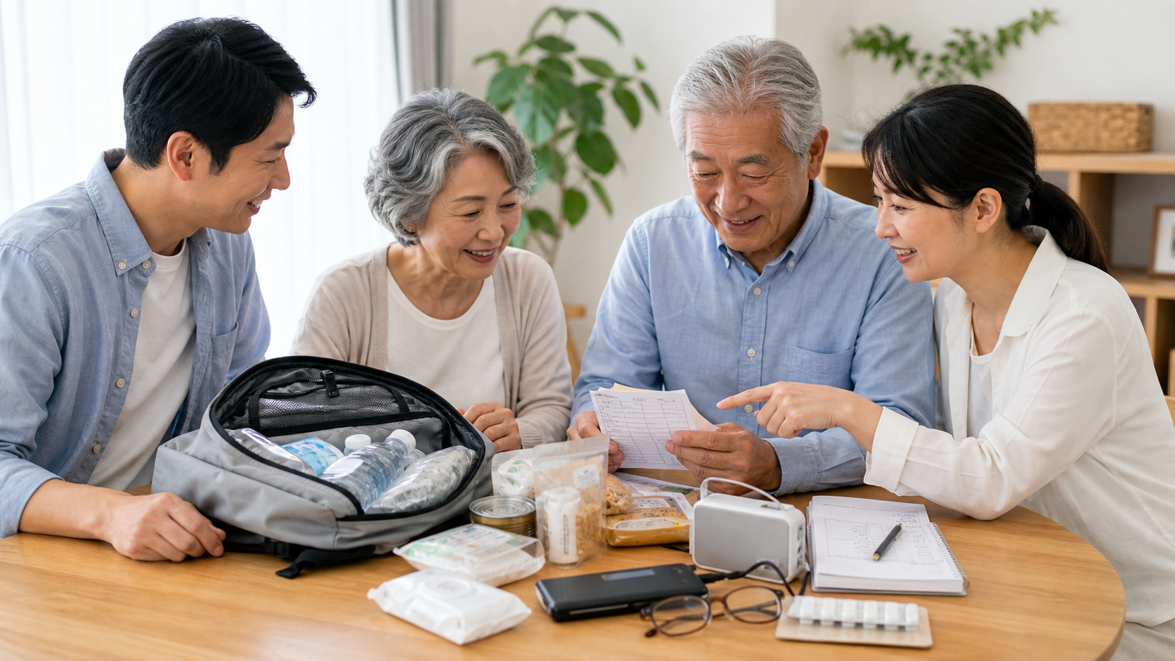 家族が高齢者と防災用品を確認する様子