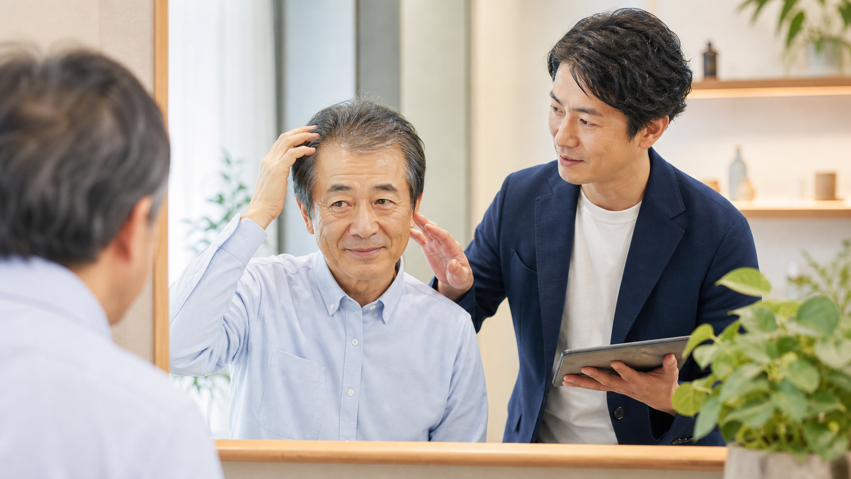高齢の男性がサロンで髪の状態と増毛方法を相談している様子