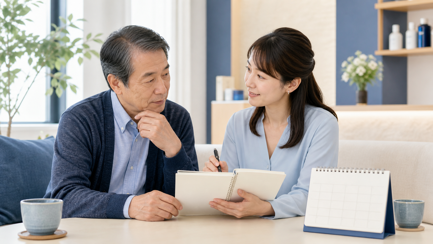 高齢の男性と家族が増毛体験の料金や相談内容を確認している様子
