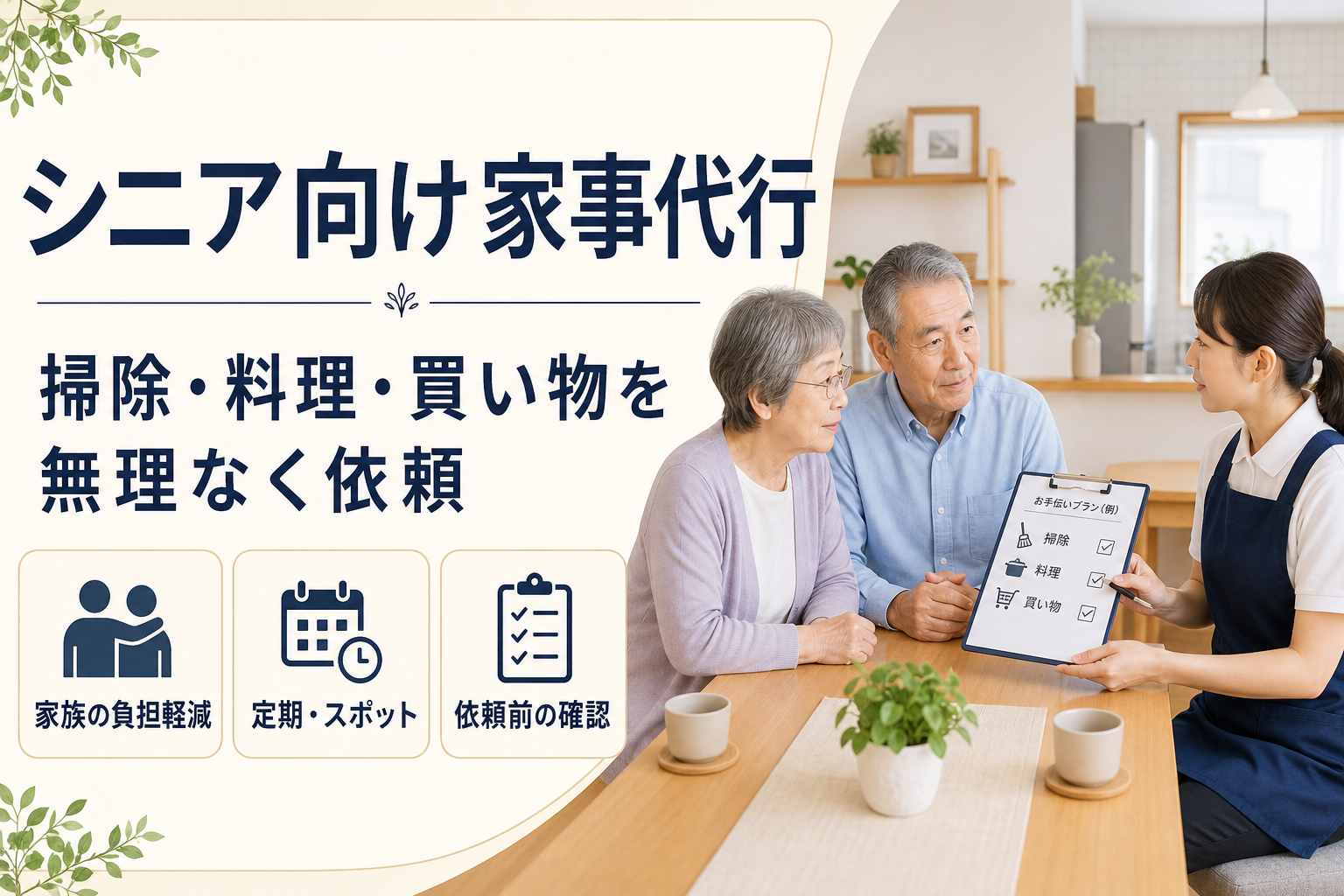 シニア世帯が家事代行で掃除や料理を依頼するイメージ