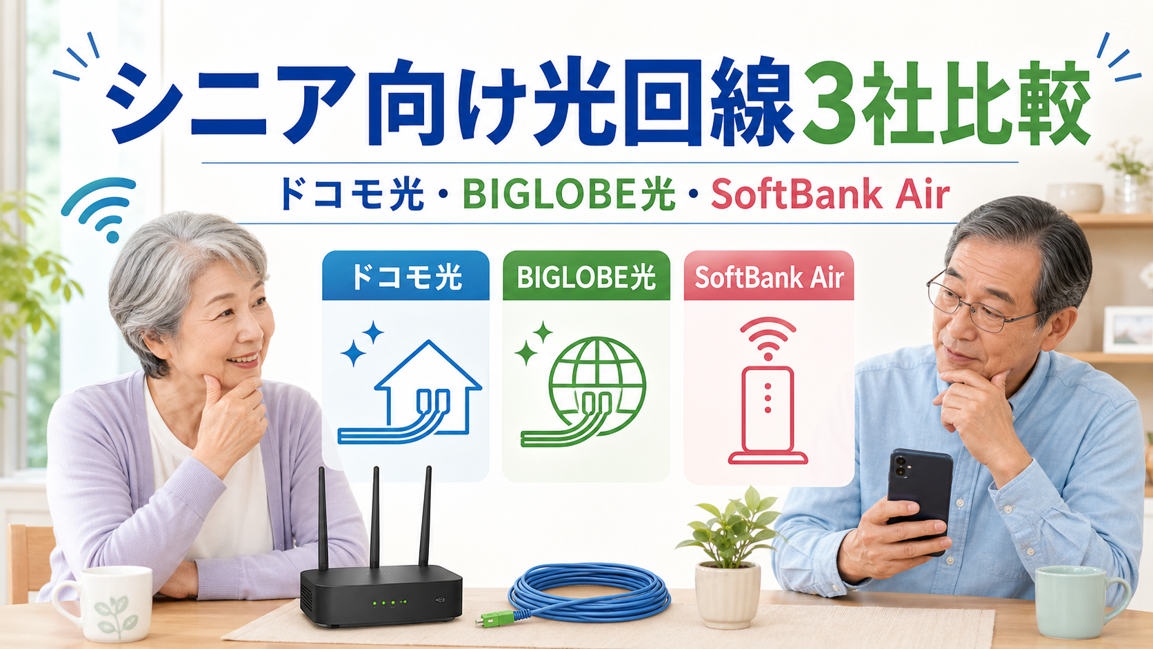 シニア向け光回線3社のドコモ光・BIGLOBE光・SoftBank Air比較
